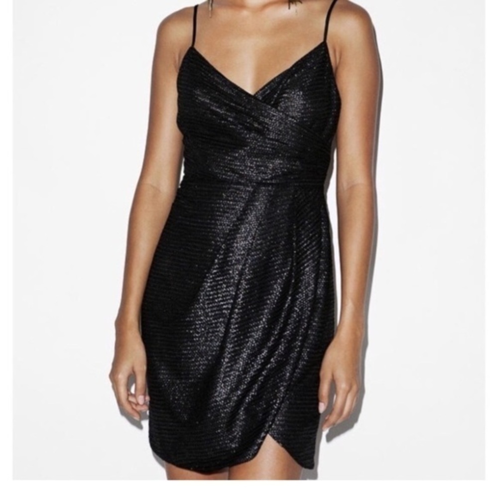 Silence + noise black dress textured mini dress crisscross chest spaghetti strap